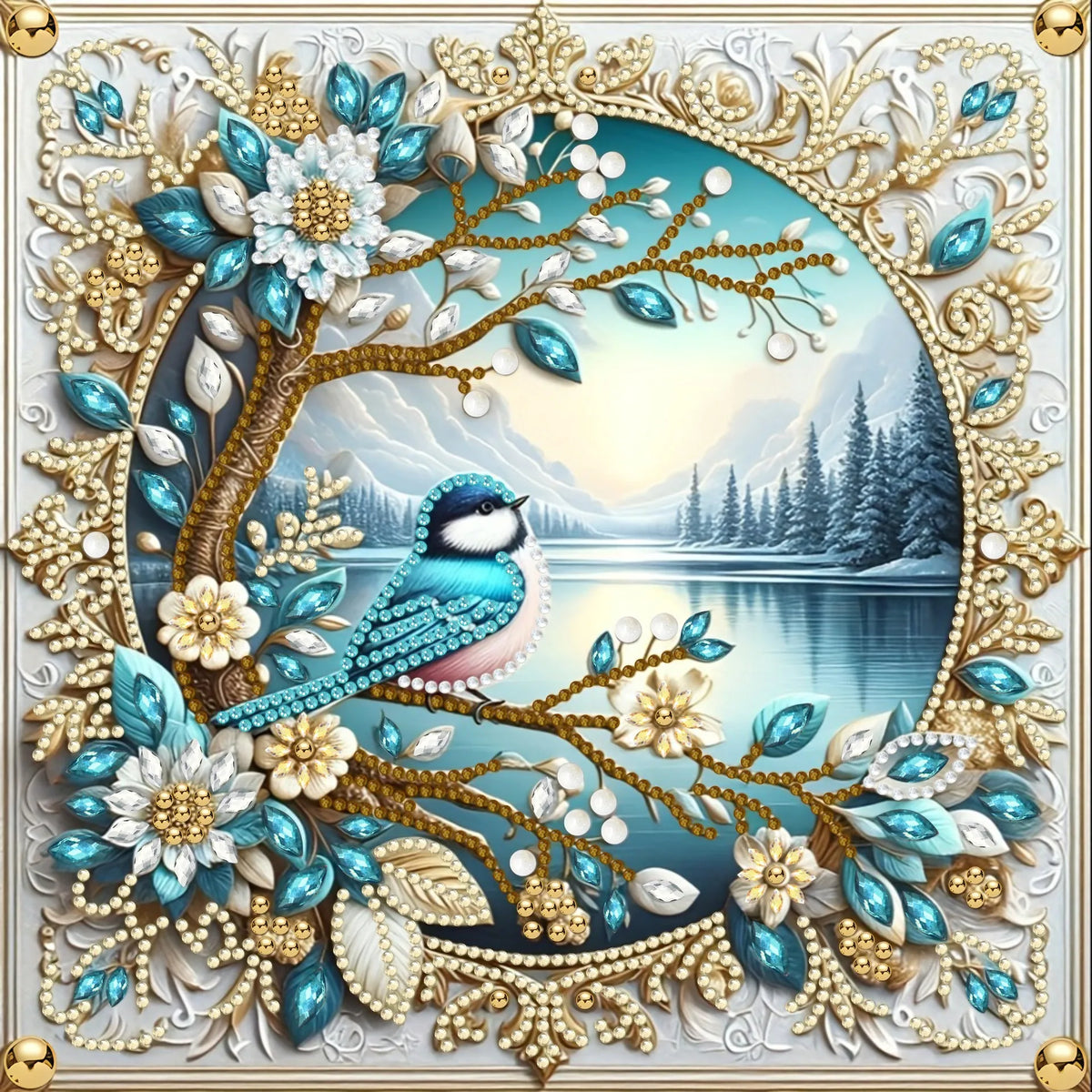 Diamond art kit featuring a bird nestled in branches surrounded by floral and leaf elements on a gold frame