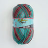 A ball of Opal 4-ply sock yarn in a blend of teal, red, and green fibers.