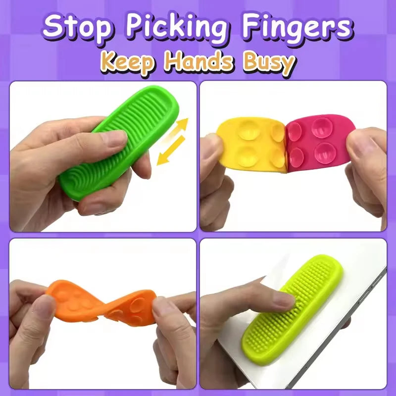 Hands hold various silicone fidget strips in green, yellow, and pink colors for sensory play