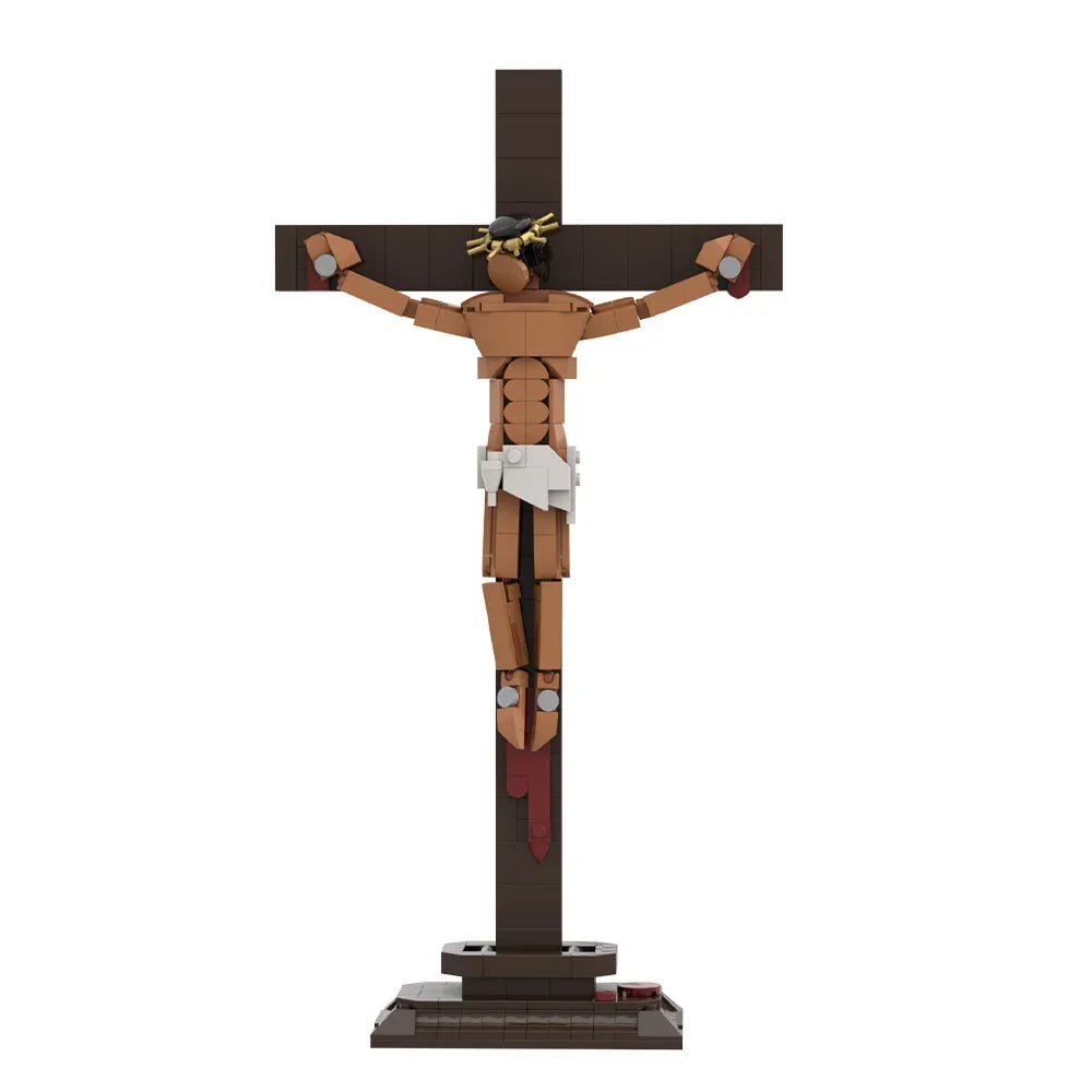 A 336-piece collectible model of Jesus Crucifixion built from brown building blocks.