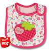 A pink and white cartoon strawberry baby feeding bib with a pink trim.