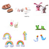 A collection of miniature animal figurines including a pink bunny, a gray elephant, and various colorful arched shapes.