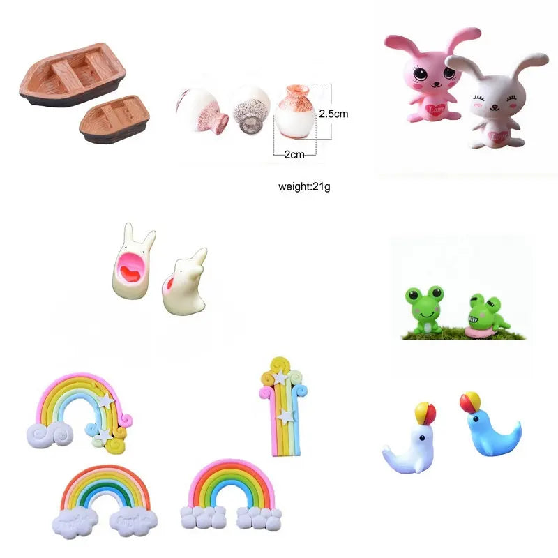 A collection of miniature animal figurines including a pink bunny, a gray elephant, and various colorful arched shapes.