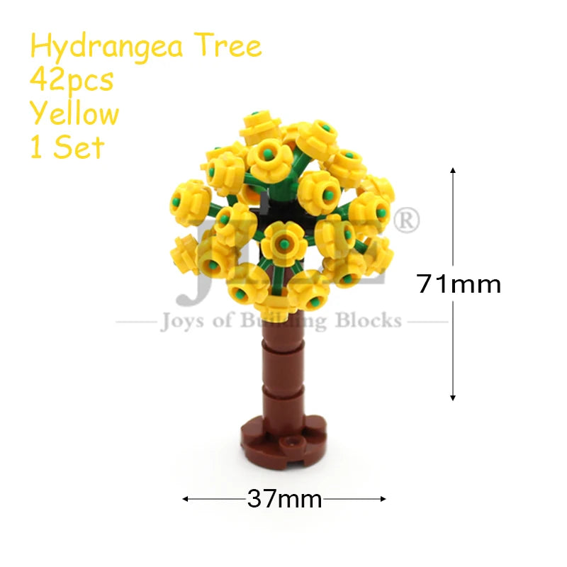 A set of 42 yellow Hydrangea tree building blocks with a brown stem.