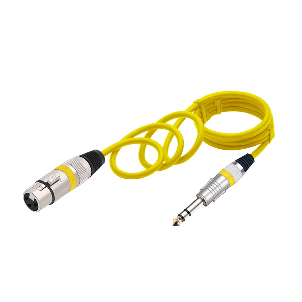 Yellow professional XLR to 6.35mm audio cable with a connector tip