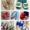 A collection of handmade crochet and knitted sandals in various colors and textures.