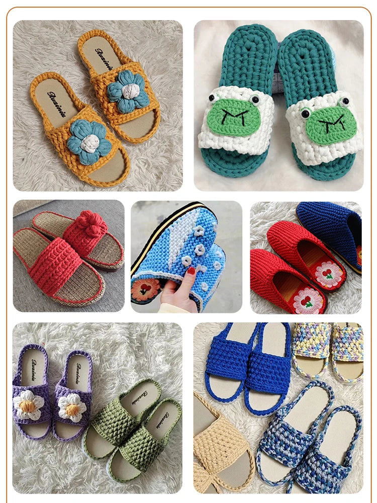 A collection of handmade crochet and knitted sandals in various colors and textures.