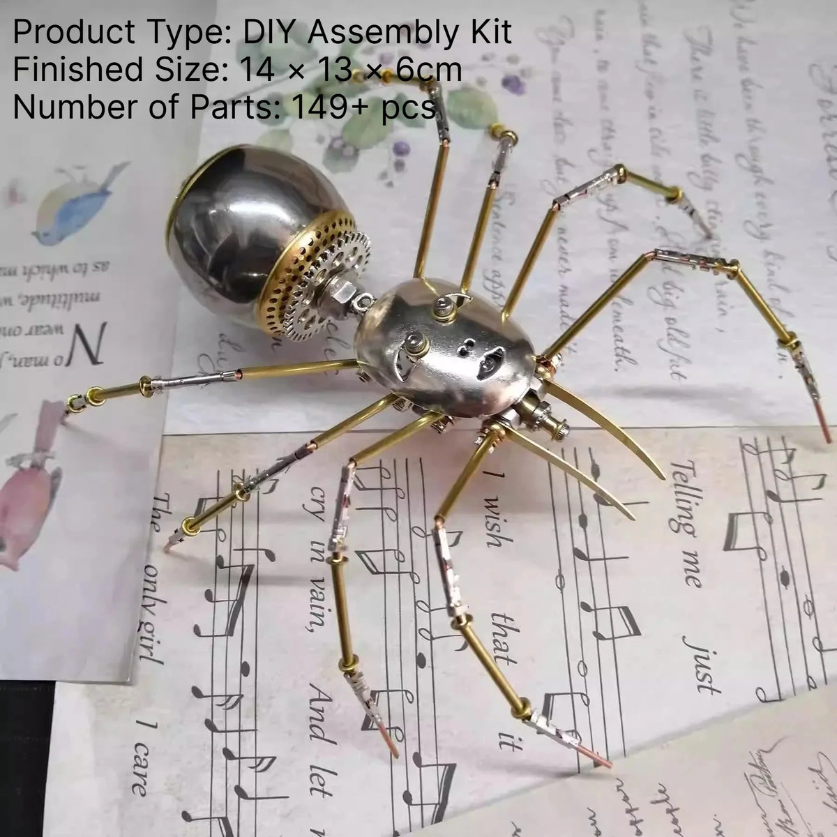 A silver steampunk metal spider assembly kit with long legs and a spherical body is shown on a white background.