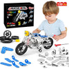 A child is assembling a metal building motorcycle construction kit with various parts and tools.