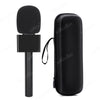 A black universal handheld adapter for wireless lavalier microphones, shown as a microphone and its protective carrying case.
