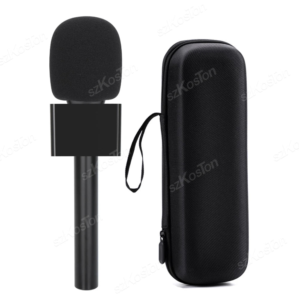 A black universal handheld adapter for wireless lavalier microphones, shown as a microphone and its protective carrying case.