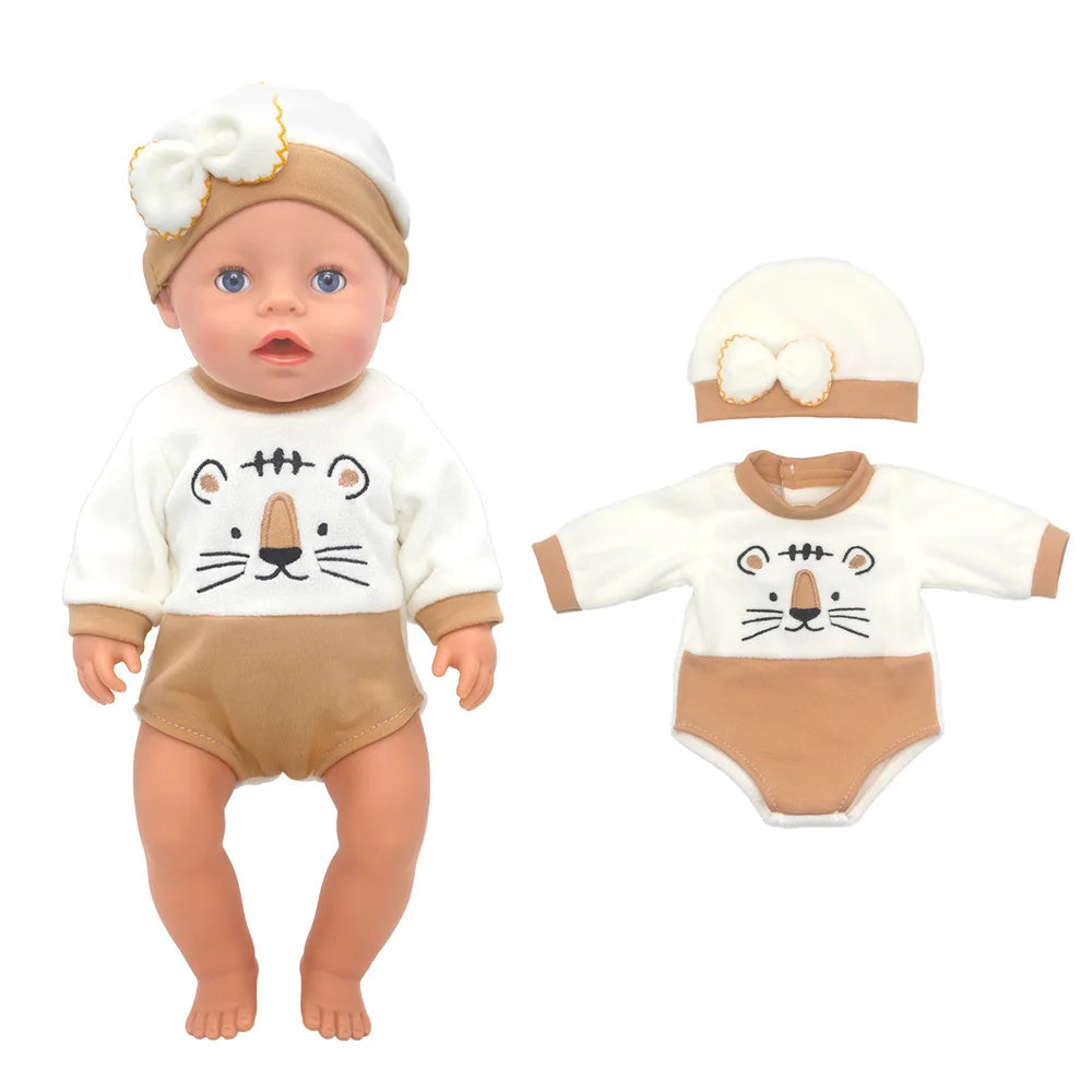 A 43cm doll outfit set featuring a white and tan lion theme including a hat and bodysuit.