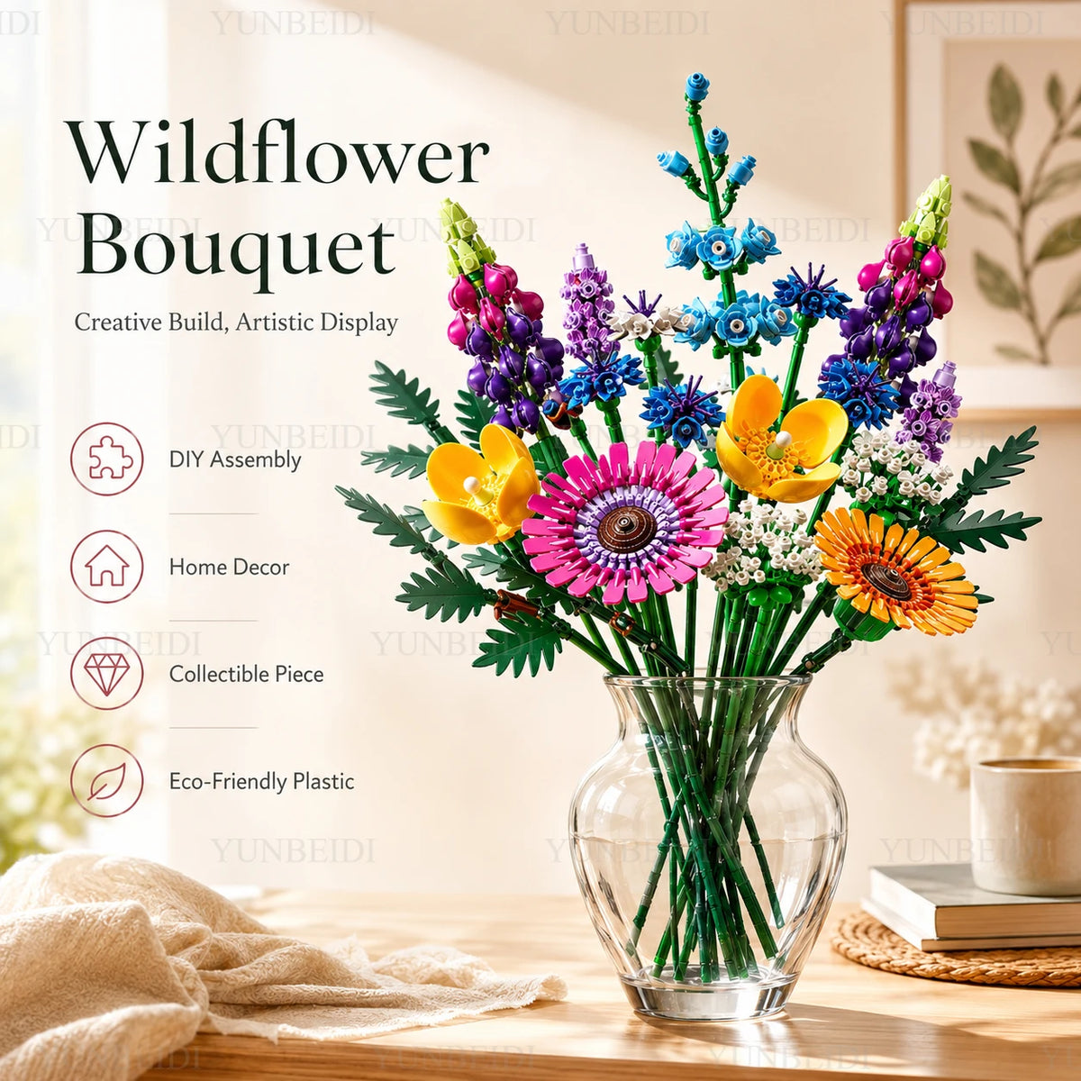 A vibrant wildflower bouquet made from colorful plastic building blocks displayed in a glass vase.