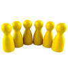 A row of twelve yellow wooden game pawns arranged horizontally.