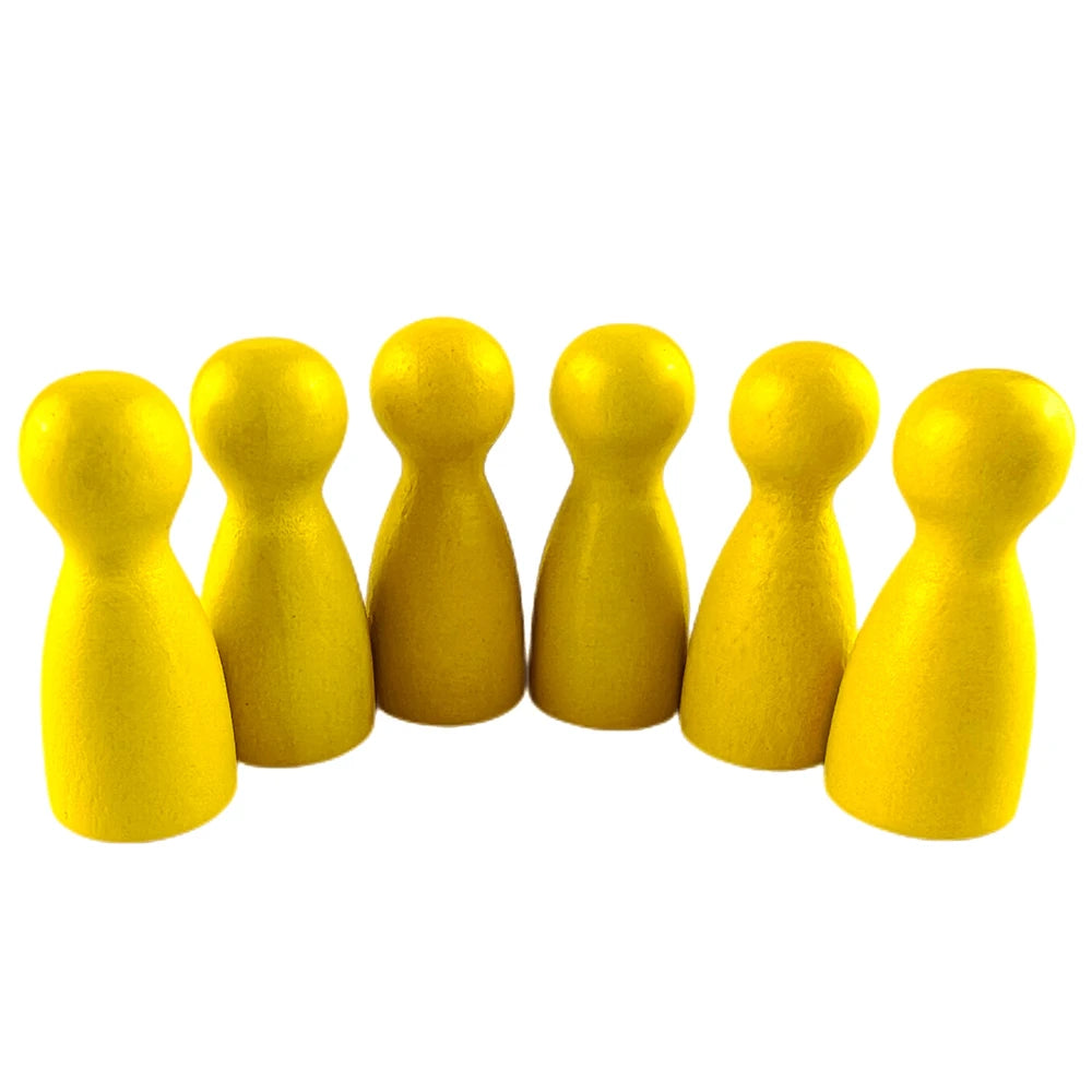A row of twelve yellow wooden game pawns arranged horizontally.