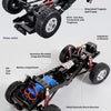 A black 1/18 scale 4WD brushless RC crawler truck with large tires and suspension components.
