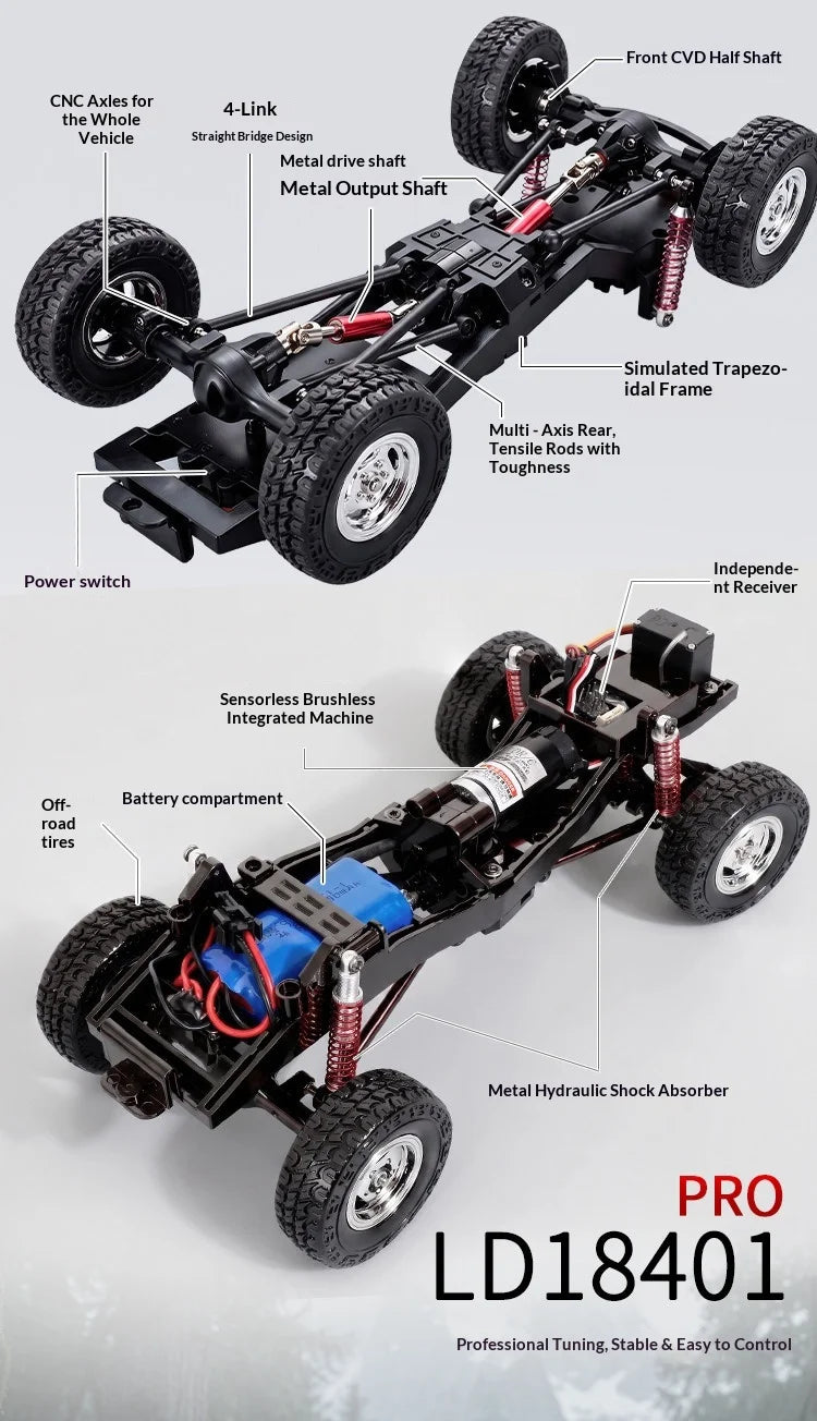 A black 1/18 scale 4WD brushless RC crawler truck with large tires and suspension components.