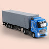 A blue Mercedes-Benz truck pulling a gray container trailer, featuring pull-back action and sound/light effects.