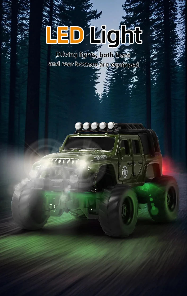 A green off-road RC car with LED lights driving through a forest setting.