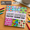 A colorful coloring book featuring bold easy patterns including hearts, flowers, and geometric designs.