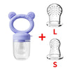 Silicone baby fruit feeder set with freezer molds shown in purple and clear glass containers.