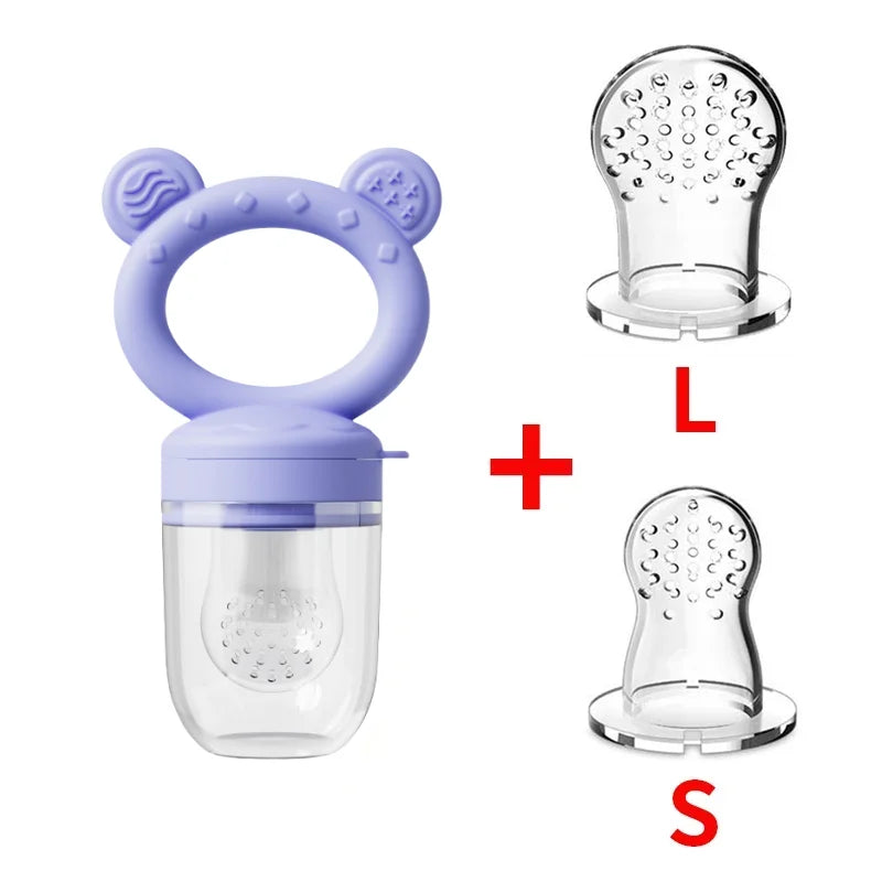Silicone baby fruit feeder set with freezer molds shown in purple and clear glass containers.