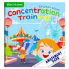 A colorful sticker book cover titled Concentration Training featuring a child playing in an amusement park setting.