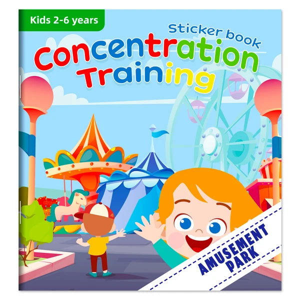 A colorful sticker book cover titled Concentration Training featuring a child playing in an amusement park setting.