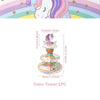 A tiered cake tower decoration featuring a unicorn theme with pastel colors and edible decorations.