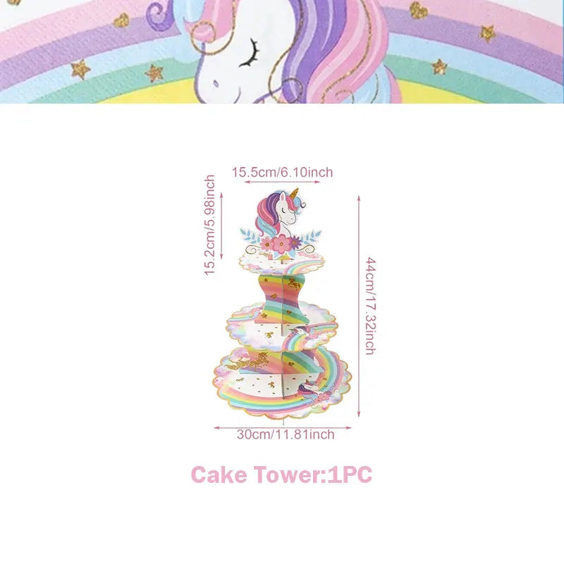 A tiered cake tower decoration featuring a unicorn theme with pastel colors and edible decorations.