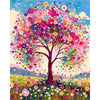 A vibrant painting of a blooming tree with colorful flowers and leaves against a bright blue sky.