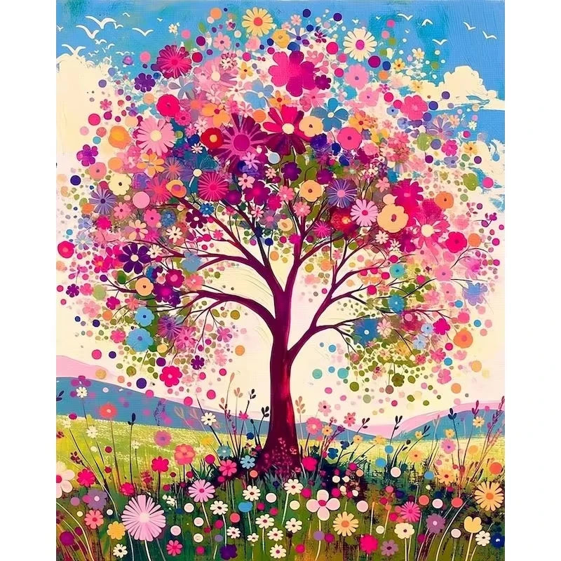 A vibrant painting of a blooming tree with colorful flowers and leaves against a bright blue sky.