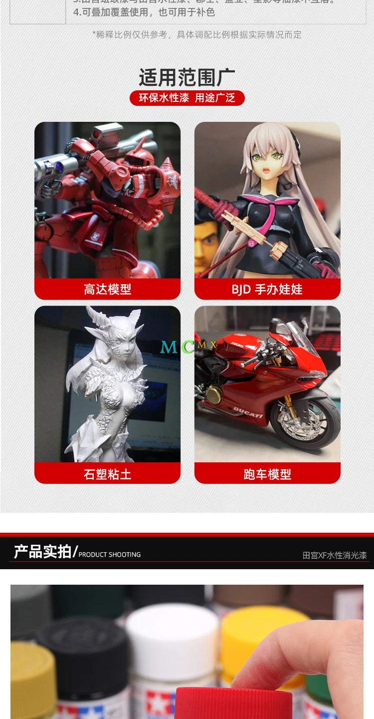 A collection of various model kits and miniatures including a red tank, a female figure, a white statue, and a Ducati motorcy