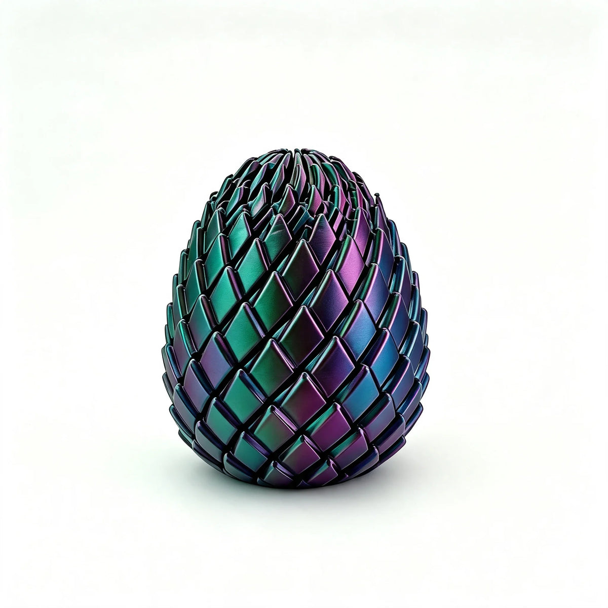 A close-up of a dark green and purple dragon egg fidget spinner with a textured, scale-like surface.