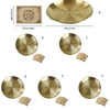 A set of five brass pentagram altar plates and ritual parchments displayed individually.