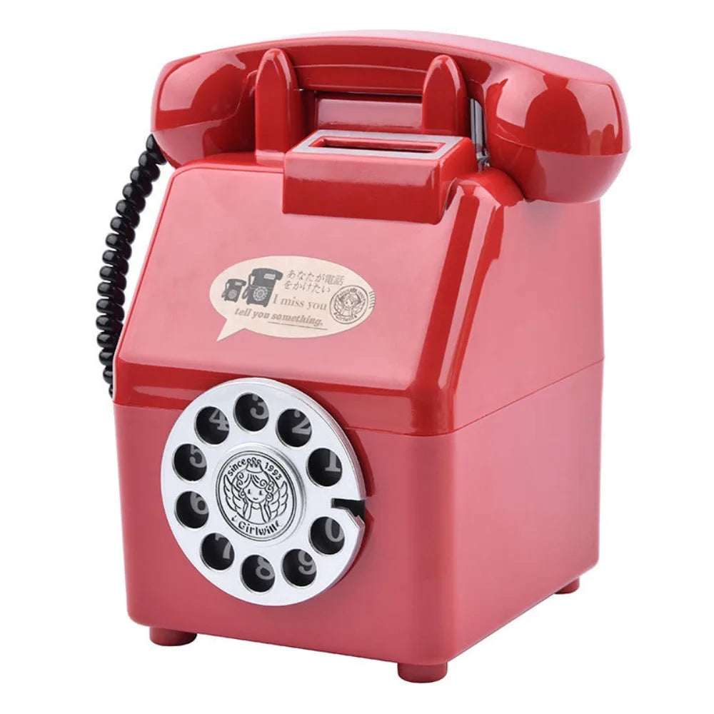 A red vintage rotary telephone piggy bank with a slot for coins and bills.