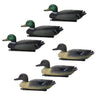A set of six lifelike floating duck decoys with keels for hunting and photography.
