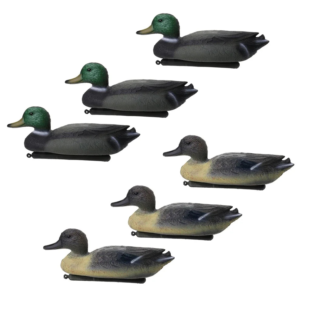 A set of six lifelike floating duck decoys with keels for hunting and photography.