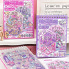 A set of 3D stacking miniature scene stickers featuring colorful buildings and characters on pink and purple backgrounds.