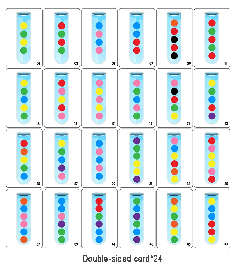 A set of 24 double-sided cards featuring colored beads in glass tubes for a Montessori fine motor skills game