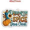 A sticker featuring the text DUMPKIN SPICE Jesus Christ with an orange pumpkin and cinnamon sticks.