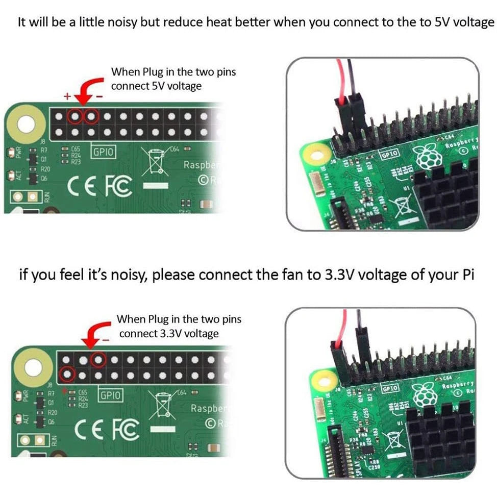Comparison showing a noisy fan connected to 5V and a quiet fan connected to 3.3V power sources for Raspberry Pi