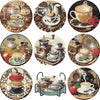 Eight diamond painting coasters featuring various coffee cups and mugs