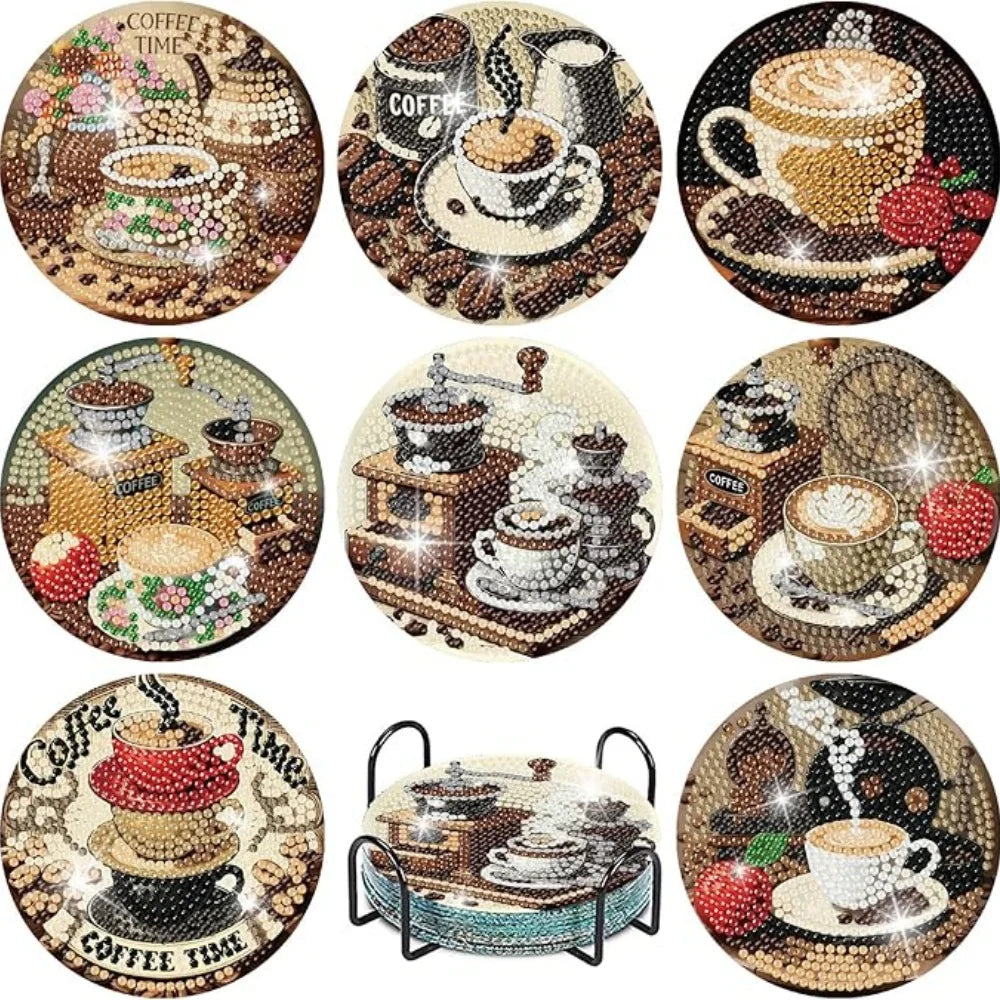 Eight diamond painting coasters featuring various coffee cups and mugs