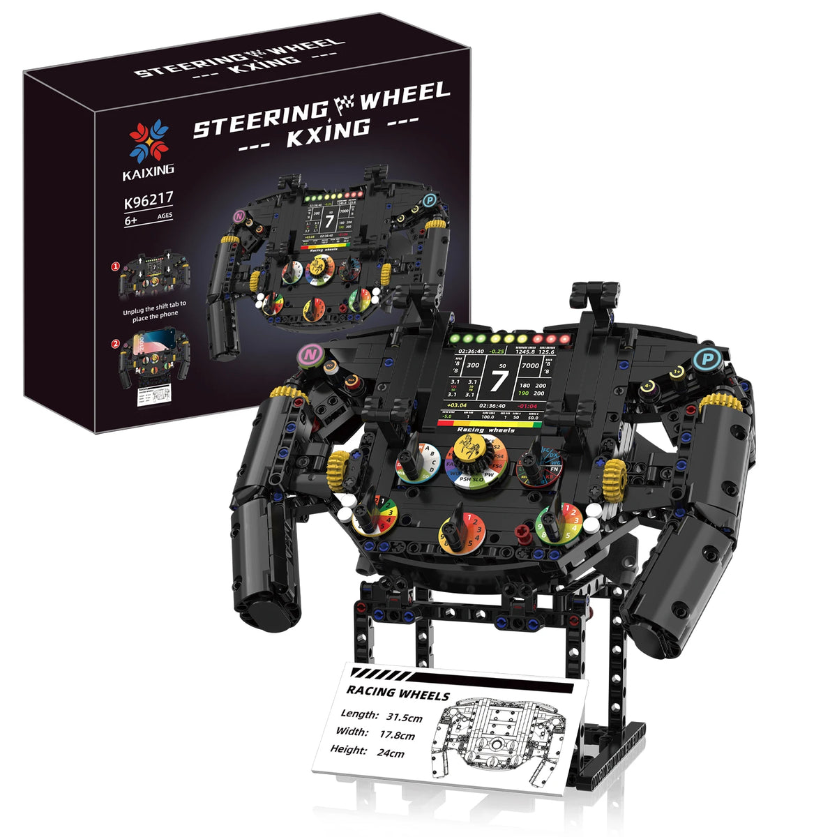 A black steering wheel building blocks set with various components and a separate box.