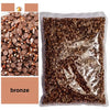A clear plastic bag filled with bronze-colored flat back resin rhinestones for crafts and DIY projects.