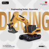 A yellow excavator model from the Engineering Series is shown, ready for digging.