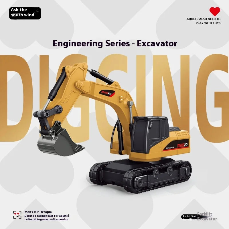 A yellow excavator model from the Engineering Series is shown, ready for digging.