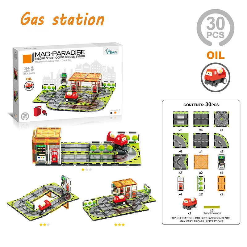 Box of Mag Paradise magnetic building tiles road and rail set with an electric car and accessories