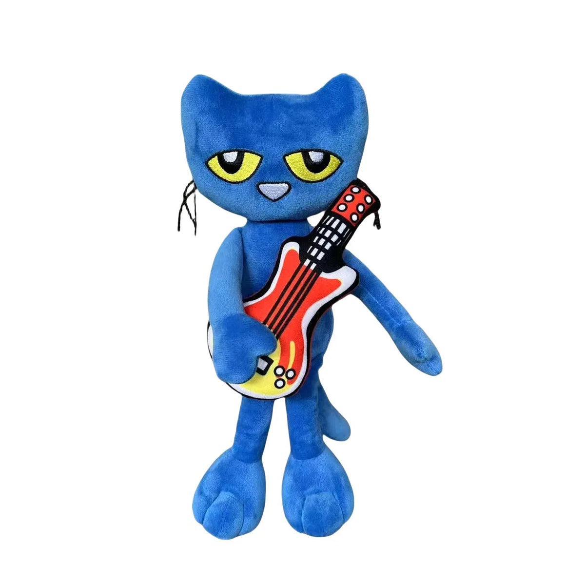 A blue cartoon cat plush toy with yellow eyes holding a red electric guitar.